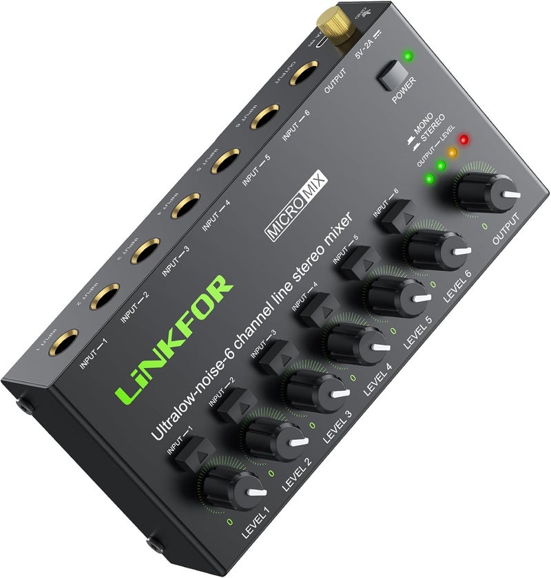 LiNKFOR 6 Channel Audio Mixer, Ultra-compact 6 Channel Bass Noise Line Stereo Audio Mixer for Small Clubs or Bars Microphones, Guitars, Bass, Keyboards and Stage Mixer - Image 1
